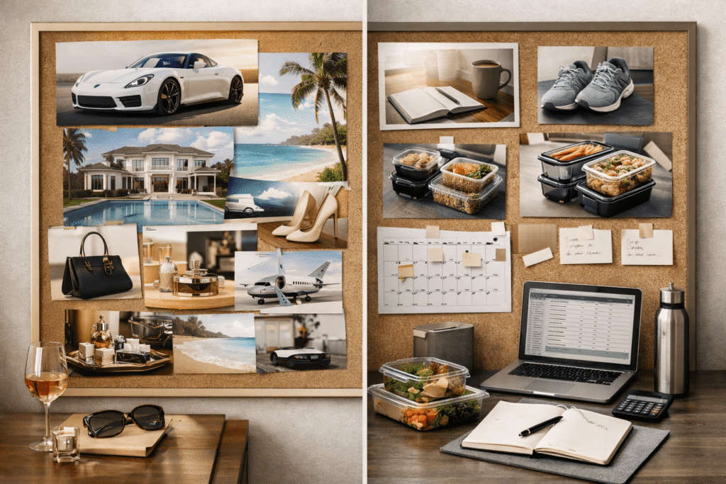 A split-style vision board scene contrasting luxury dream images with practical action-focused goal images like planning, exercise, and work habits.
