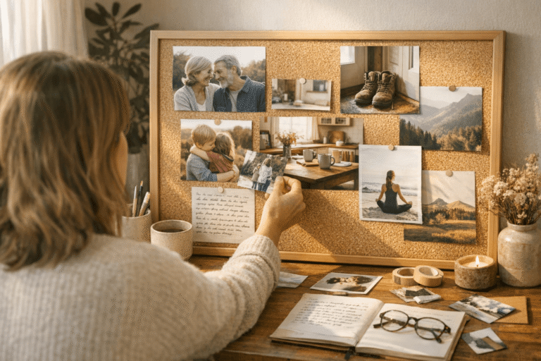 Woman creating a vision board with personal photos, handwritten notes, and meaningful images at a sunlit desk