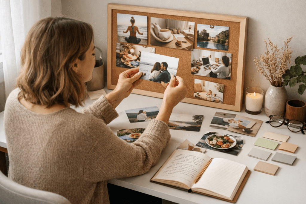 A woman thoughtfully selecting images and notes for a vision board at a tidy desk, focusing on meaningful goals like health, relationships, and creativity.