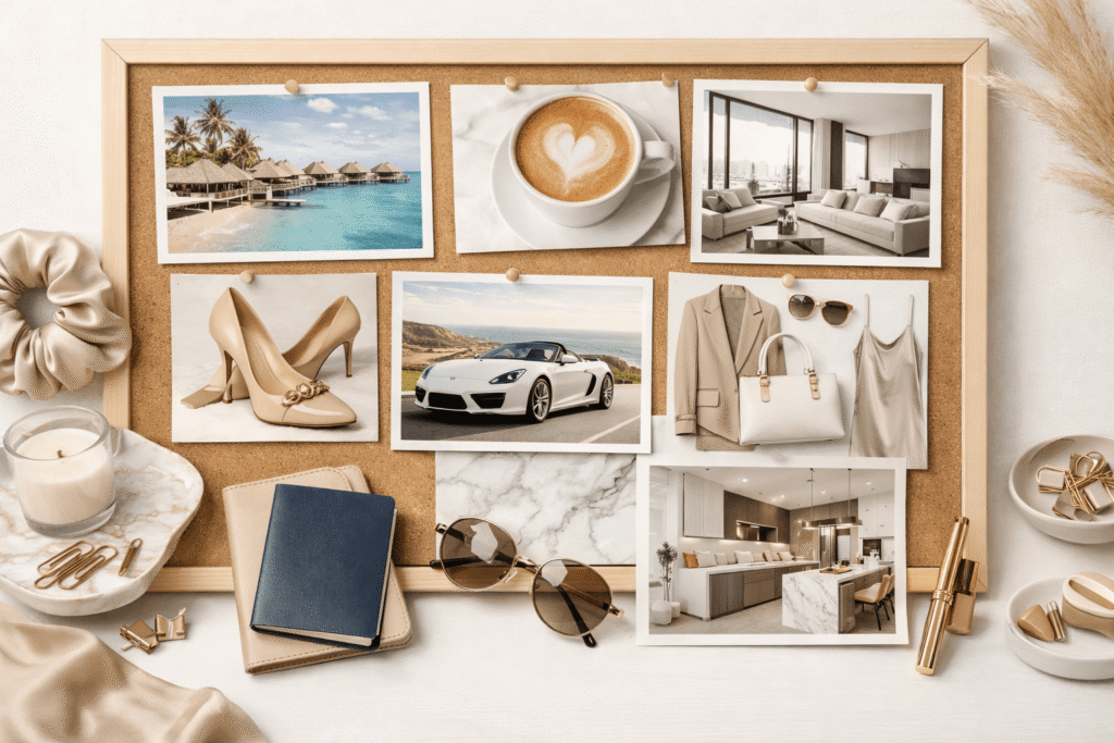 Stylish vision board filled with generic luxury and lifestyle images like beaches, coffee, shoes, and travel items