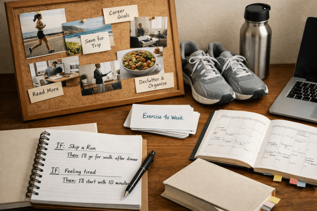 A goal-planning desk setup with a vision board, notebook, planner, index cards, and practical items that connect goals to daily action.