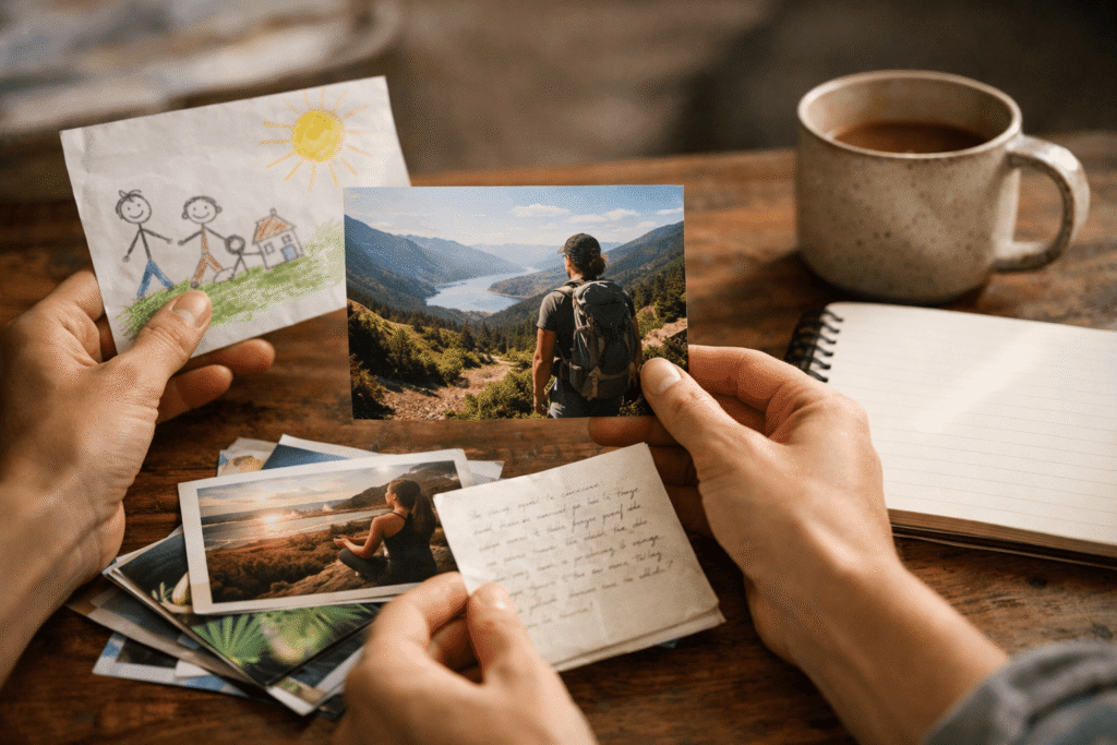 Close-up of hands selecting personal photographs and meaningful objects for a vision board