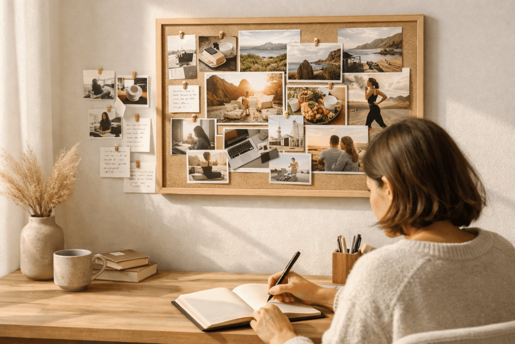 A finished vision board hanging above a tidy desk while a woman writes in a notebook, showing a calm workspace focused on daily action and planning.
