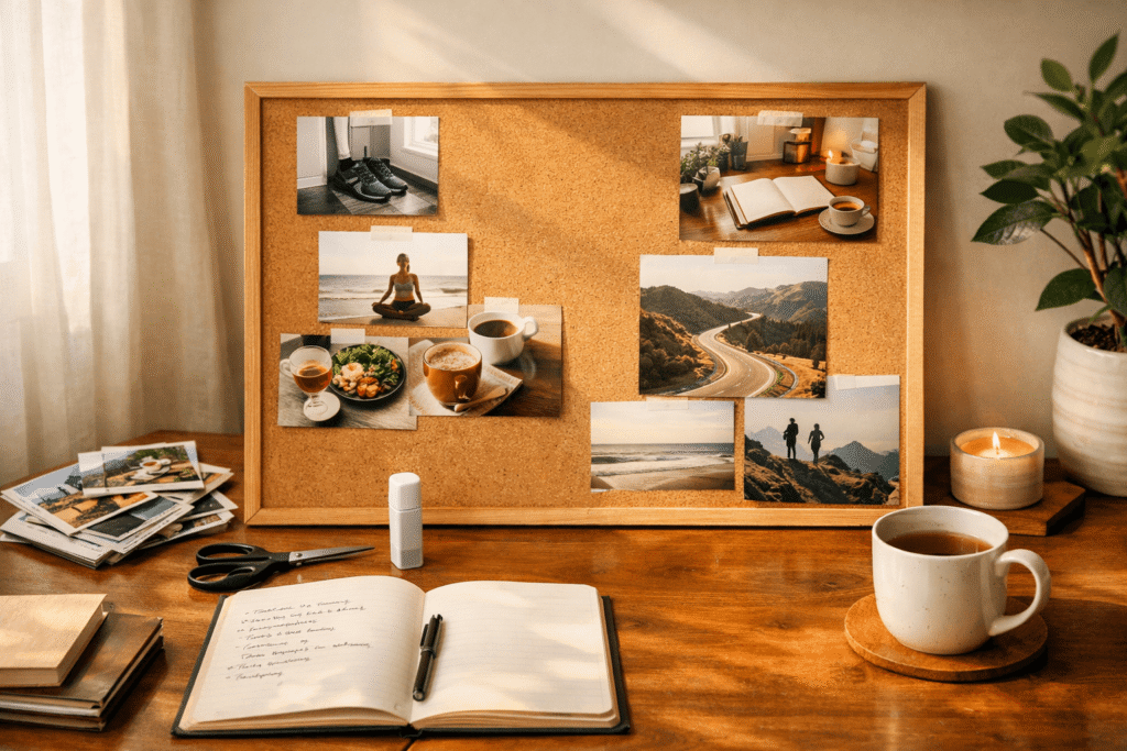 Vision board planning scene with personal photos, camera roll prints, handwritten notes, and process-focused images on a table
