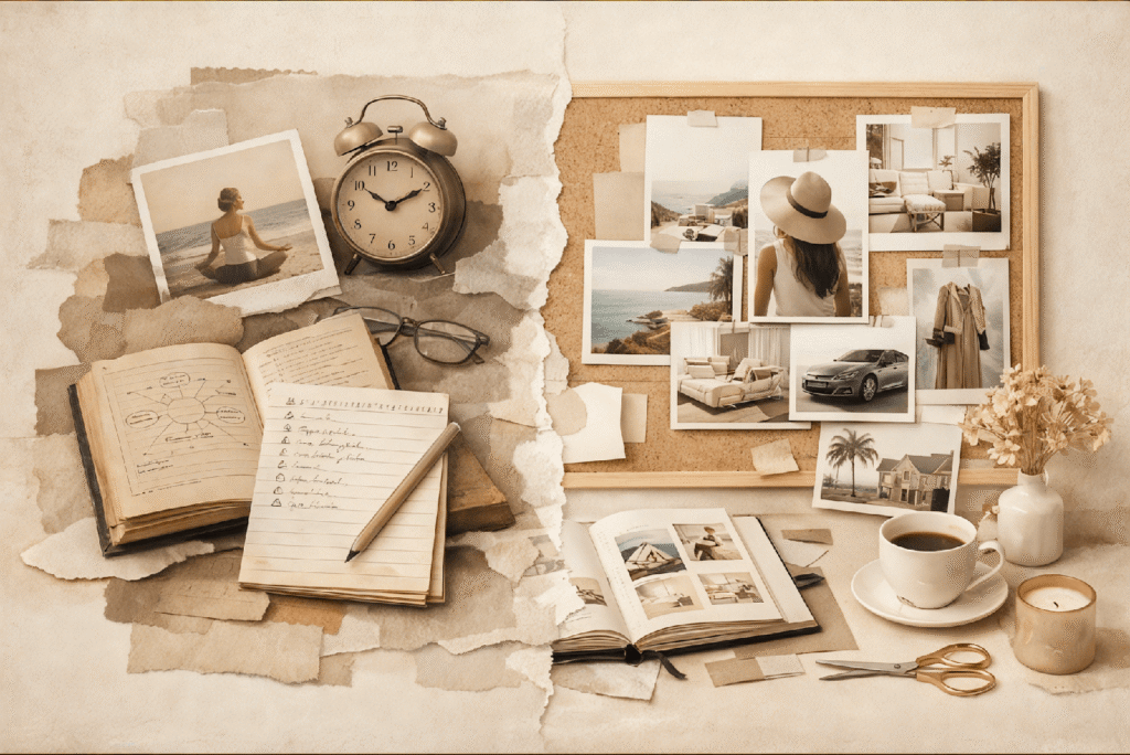 Editorial collage showing the evolution of vision boards from vintage self-help books and handwritten goals to modern clipped images and planning boards