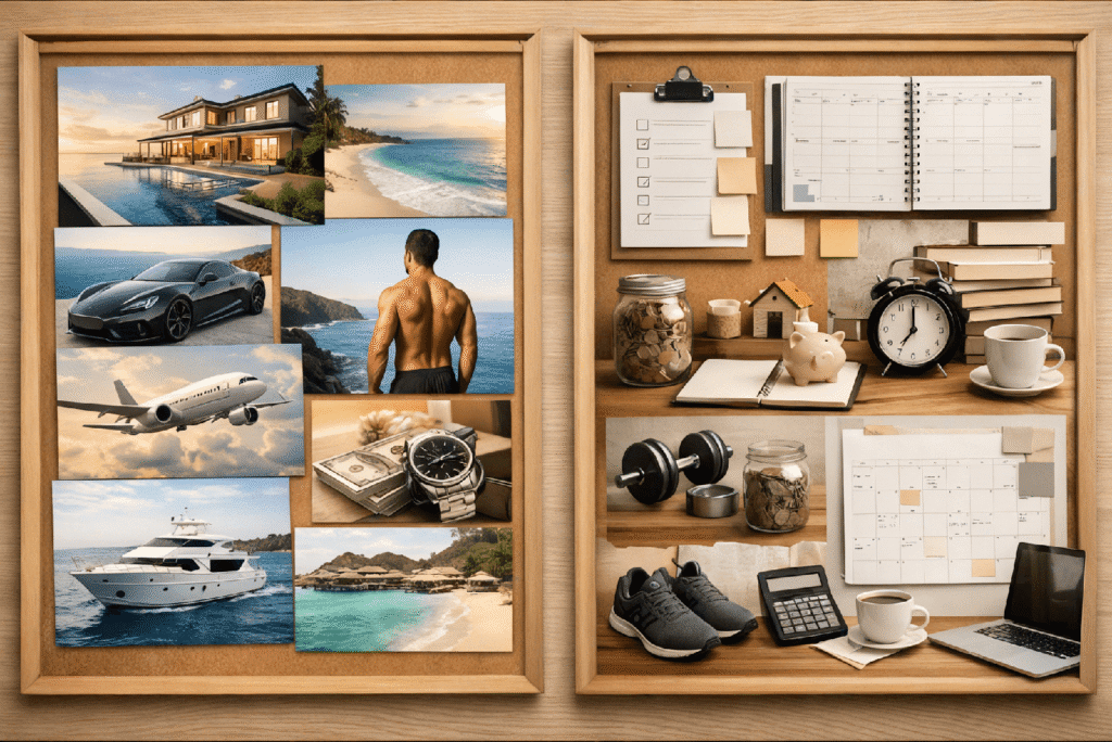Side-by-side comparison of two vision boards, one focused on dream outcome images and the other focused on action steps like checklists, planner pages, and practical goals