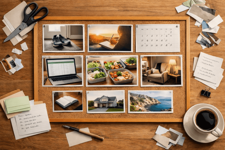 A realistic vision board on a desk with process-focused images, planning notes, a laptop, scissors, and a coffee cup in a calm workspace.