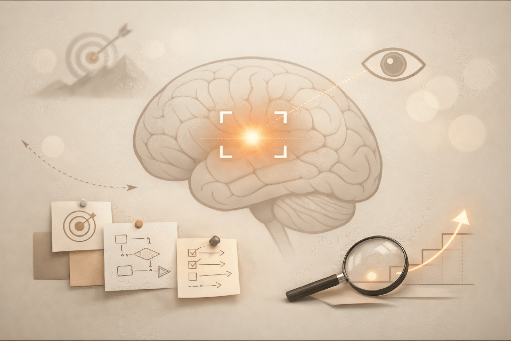 Conceptual editorial image showing a vision board workspace with subtle brain diagram lines and visual cues representing attention, visualization, and goal focus