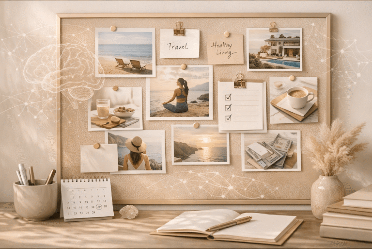 Editorial vision board with photos, checklist, and subtle brain illustration representing the science of visualization