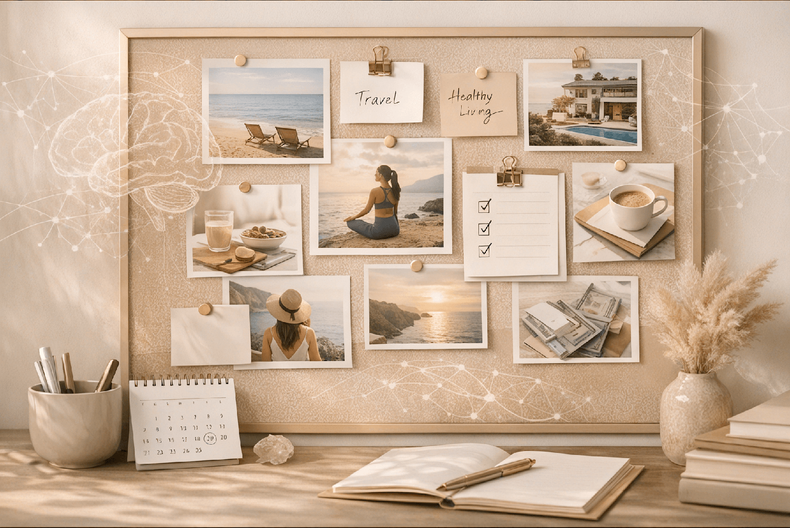 Editorial vision board with photos, checklist, and subtle brain illustration representing the science of visualization